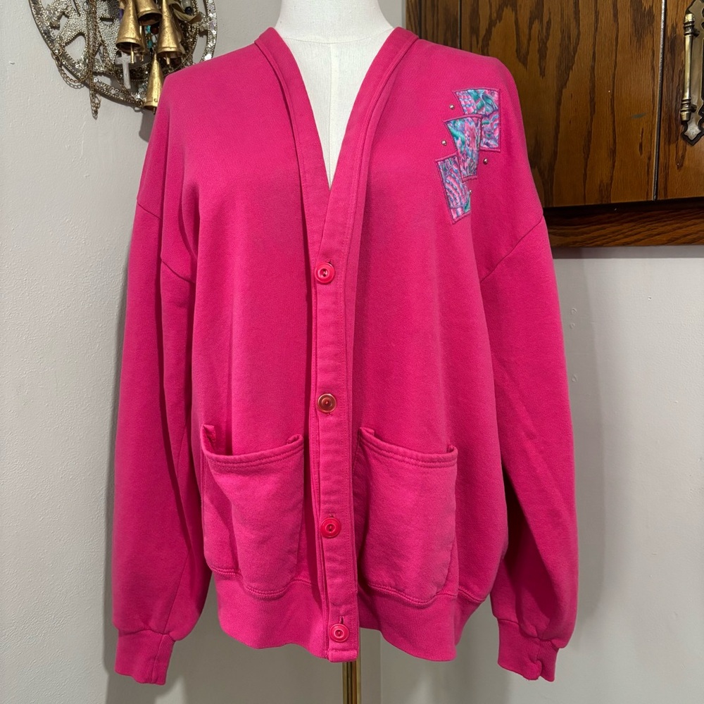90s Jerzees Pink Button Up Cardigan Sweatshirt Size Large Embroidered Abstract
